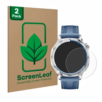 Face avant d’un emballage produit avec le logo de la marque ScreenLeaf. À côté, l’appareil Huawei Watch GT 5 (46 mm) est repré