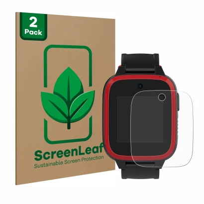 Face avant d’un emballage produit avec le logo de la marque ScreenLeaf. À côté, l’appareil Xplora Let's Go est représenté avec