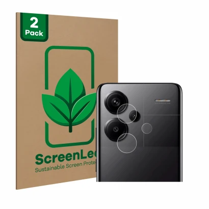 Face avant d’un emballage produit avec le logo de la marque ScreenLeaf. À côté, l’appareil Xiaomi Redmi Note 13 Pro+ 5G (Camér