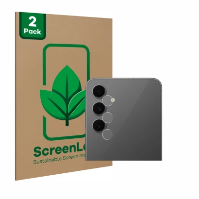 Face avant d’un emballage produit avec le logo de la marque ScreenLeaf. À côté, l’appareil Samsung Galaxy S24 FE (Caméra UNIQU