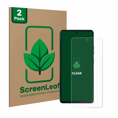 Face avant d’un emballage produit avec le logo de la marque ScreenLeaf. À côté, l’appareil Motorola Moto G75 est représenté av