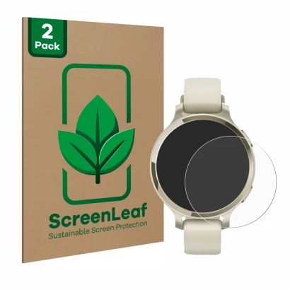 Face avant d’un emballage produit avec le logo de la marque ScreenLeaf. À côté, l’appareil Garmin Lily 2 Active est représenté