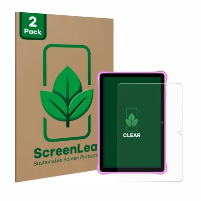 Face avant d’un emballage produit avec le logo de la marque ScreenLeaf. À côté, l’appareil Blackview Tab A7 Kids est représent