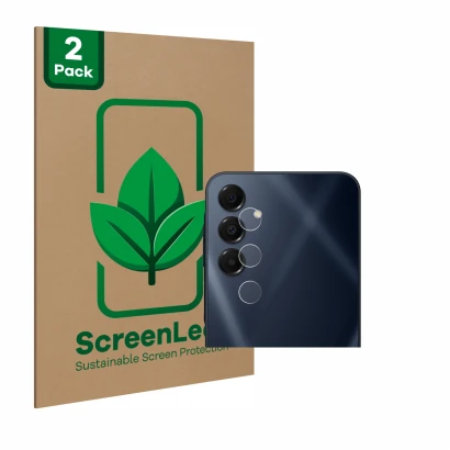 Face avant d’un emballage produit avec le logo de la marque ScreenLeaf. À côté, l’appareil Samsung Galaxy A16 5G (Caméra UNIQU