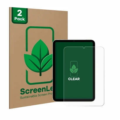 Face avant d’un emballage produit avec le logo de la marque ScreenLeaf. À côté, l’appareil Apple iPad Mini 7 2024 est représen