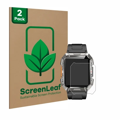 Face avant d’un emballage produit avec le logo de la marque ScreenLeaf. À côté, l’appareil Baolubao W60 est représenté avec la