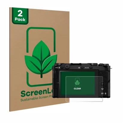 Face avant d’un emballage produit avec le logo de la marque ScreenLeaf. À côté, l’appareil Fujifilm X-M5 est représenté avec l