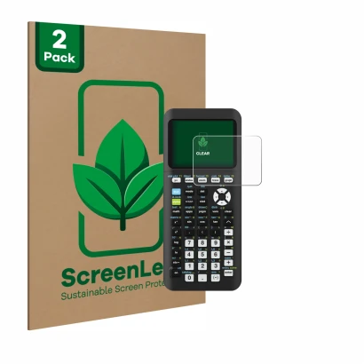 Face avant d’un emballage produit avec le logo de la marque ScreenLeaf. À côté, l’appareil Texas Instruments TI-84 Plus CE-T P
