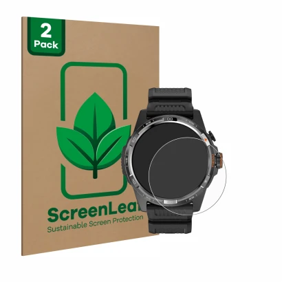 Face avant d’un emballage produit avec le logo de la marque ScreenLeaf. À côté, l’appareil Mobvoi Ticwatch Atlas est représent