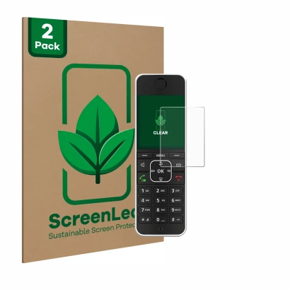 Face avant d’un emballage produit avec le logo de la marque ScreenLeaf. À côté, l’appareil AVM Fritz!Fon C6 Black est représen