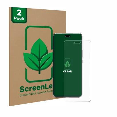 Face avant d’un emballage produit avec le logo de la marque ScreenLeaf. À côté, l’appareil Huawei Nova 13 Pro est représenté a