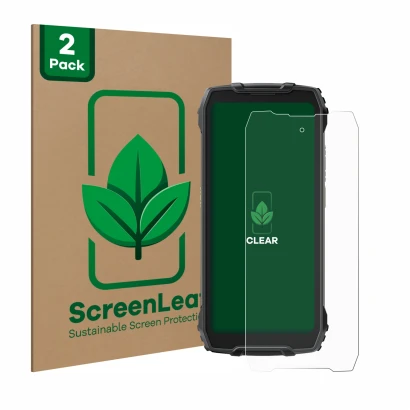 Face avant d’un emballage produit avec le logo de la marque ScreenLeaf. À côté, l’appareil Blackview BV7300 est représenté ave