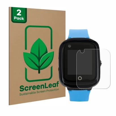 Face avant d’un emballage produit avec le logo de la marque ScreenLeaf. À côté, l’appareil One2Track Connect NEO est représent