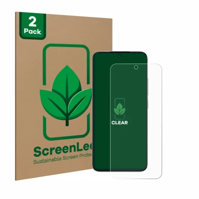 Face avant d’un emballage produit avec le logo de la marque ScreenLeaf. À côté, l’appareil Xiaomi 15 est représenté avec la pr