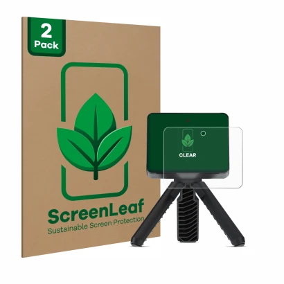 Face avant d’un emballage produit avec le logo de la marque ScreenLeaf. À côté, l’appareil Garmin Approach R10 est représenté 