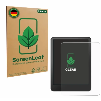 Face avant d’un emballage produit avec le logo de la marque ScreenLeaf. À côté, l’appareil Amazon Kindle Paperwhite 2024 (12. 