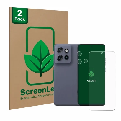 Face avant d’un emballage produit avec le logo de la marque ScreenLeaf. À côté, l’appareil Motorola Edge 50 Neo (Avant+Caméra)