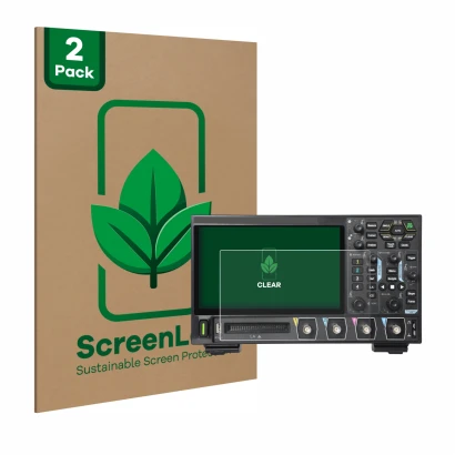 Face avant d’un emballage produit avec le logo de la marque ScreenLeaf. À côté, l’appareil Rigol DHO914 est représenté avec la