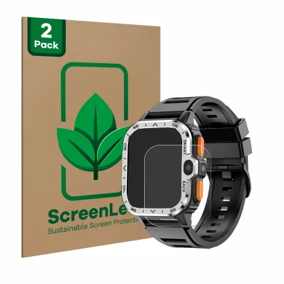 Face avant d’un emballage produit avec le logo de la marque ScreenLeaf. À côté, l’appareil HS Smartwatch 2" est représenté ave