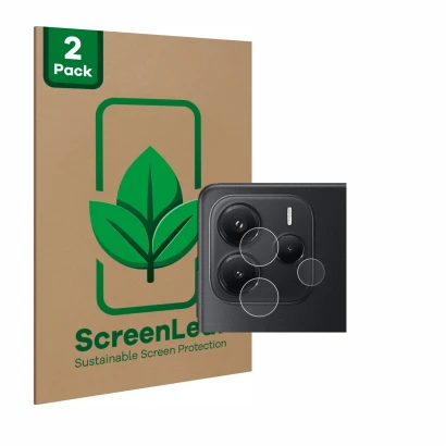 Face avant d’un emballage produit avec le logo de la marque ScreenLeaf. À côté, l’appareil Xiaomi Redmi Note 14 (Caméra UNIQUE