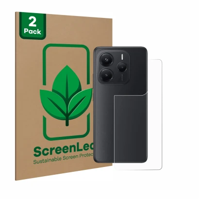 Face avant d’un emballage produit avec le logo de la marque ScreenLeaf. À côté, l’appareil Xiaomi Redmi Note 14 (Arrière) est 