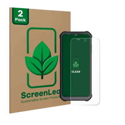 Face avant d’un emballage produit avec le logo de la marque ScreenLeaf. À côté, l’appareil Sonim XP400 est représenté avec la 