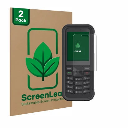 Face avant d’un emballage produit avec le logo de la marque ScreenLeaf. À côté, l’appareil Sonim XP100 est représenté avec la 