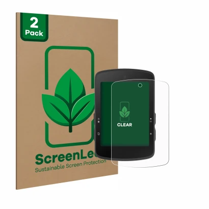Face avant d’un emballage produit avec le logo de la marque ScreenLeaf. À côté, l’appareil Bryton Rider S510 est représenté av