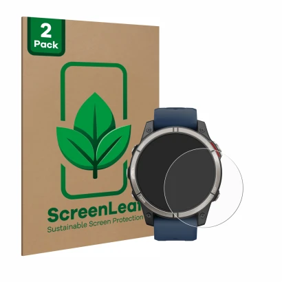 Face avant d’un emballage produit avec le logo de la marque ScreenLeaf. À côté, l’appareil Garmin quatix 7 Pro est représenté 