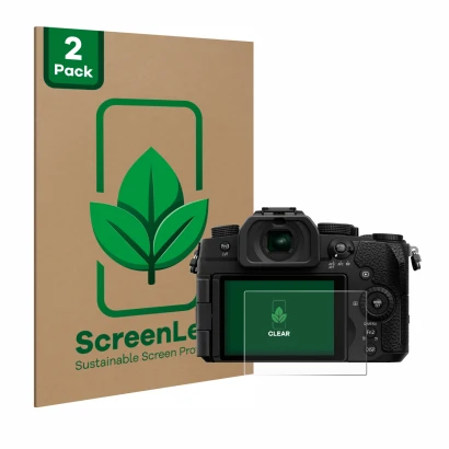 Face avant d’un emballage produit avec le logo de la marque ScreenLeaf. À côté, l’appareil Panasonic Lumix DC-G97 est représen