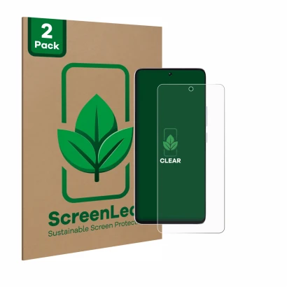 Face avant d’un emballage produit avec le logo de la marque ScreenLeaf. À côté, l’appareil Xiaomi Poco M7 Pro est représenté a