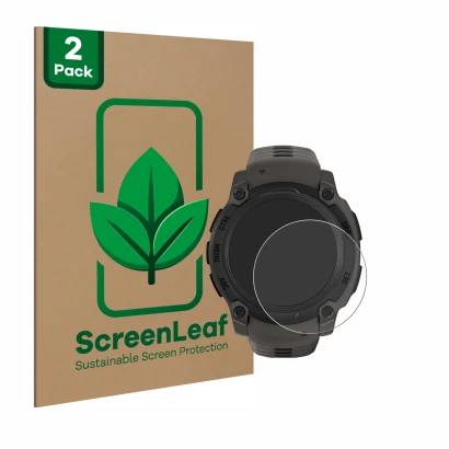 Face avant d’un emballage produit avec le logo de la marque ScreenLeaf. À côté, l’appareil Garmin Instinct E (40 mm) est repré