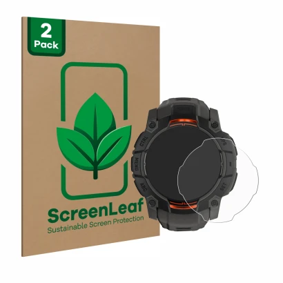 Face avant d’un emballage produit avec le logo de la marque ScreenLeaf. À côté, l’appareil Garmin Instinct 3 Solar (50 mm) est