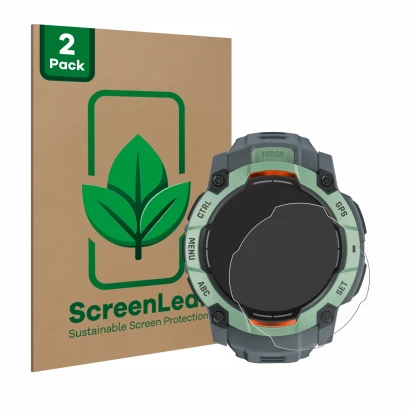 Face avant d’un emballage produit avec le logo de la marque ScreenLeaf. À côté, l’appareil Garmin Instinct 3 AMOLED (45 mm) es
