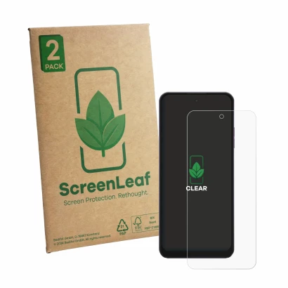 Face avant d’un emballage produit avec le logo de la marque ScreenLeaf. À côté, l’appareil Hotwav Note 13 Max est représenté a