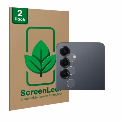 Face avant d’un emballage produit avec le logo de la marque ScreenLeaf. À côté, l’appareil Samsung Galaxy S25 (Caméra UNIQUEME