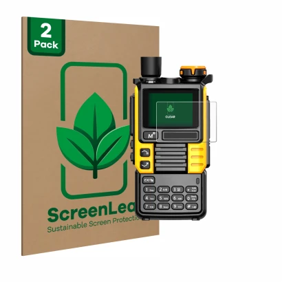 Face avant d’un emballage produit avec le logo de la marque ScreenLeaf. À côté, l’appareil Quansheng UV-K5 (99) est représenté