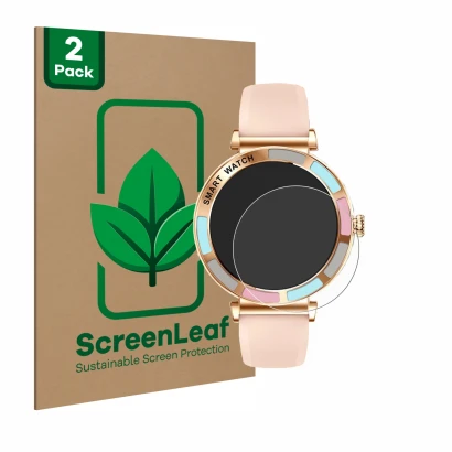 Face avant d’un emballage produit avec le logo de la marque ScreenLeaf. À côté, l’appareil Braidol Smartwatch 1.27" est représ
