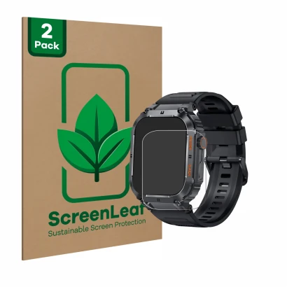 Face avant d’un emballage produit avec le logo de la marque ScreenLeaf. À côté, l’appareil bedee Smartwatch 1.96" est représen