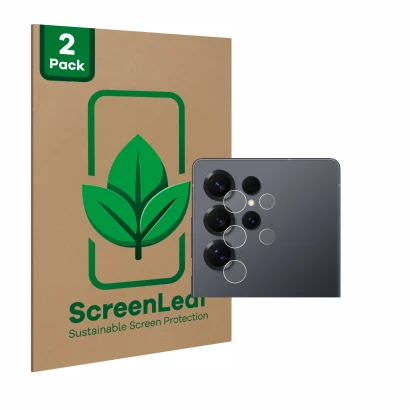 Face avant d’un emballage produit avec le logo de la marque ScreenLeaf. À côté, l’appareil Samsung Galaxy S25 Ultra (Caméra UN