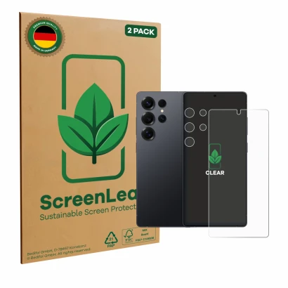 Face avant d’un emballage produit avec le logo de la marque ScreenLeaf. À côté, l’appareil Samsung Galaxy S25 Ultra (Avant+Cam