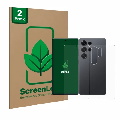 Face avant d’un emballage produit avec le logo de la marque ScreenLeaf. À côté, l’appareil Samsung Galaxy S25 Ultra (Avant+Arr