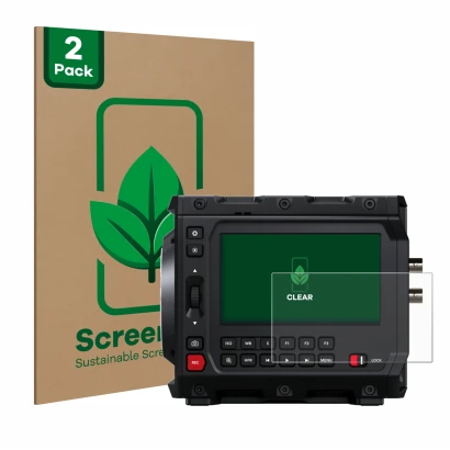 Face avant d’un emballage produit avec le logo de la marque ScreenLeaf. À côté, l’appareil Blackmagic Design Pyxis 6K 4" est r