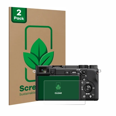 Face avant d’un emballage produit avec le logo de la marque ScreenLeaf. À côté, l’appareil Sony Alpha 6100A est représenté ave