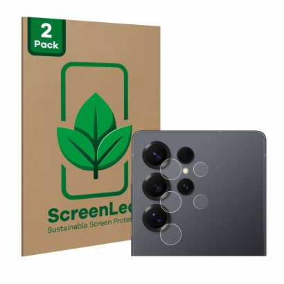 Face avant d’un emballage produit avec le logo de la marque ScreenLeaf. À côté, l’appareil Samsung Galaxy S25 Ultra Enterprise