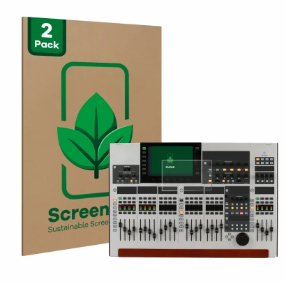 Face avant d’un emballage produit avec le logo de la marque ScreenLeaf. À côté, l’appareil Behringer Wing est représenté avec 