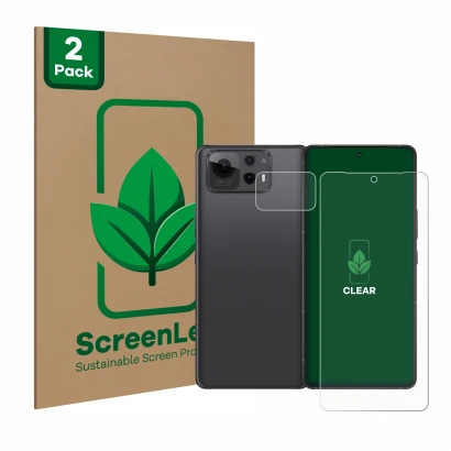 Face avant d’un emballage produit avec le logo de la marque ScreenLeaf. À côté, l’appareil ASUS ZenFone 12 Ultra (Avant+Caméra