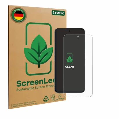 Face avant d’un emballage produit avec le logo de la marque ScreenLeaf. À côté, l’appareil Nothing Phone (3a) Pro est représen