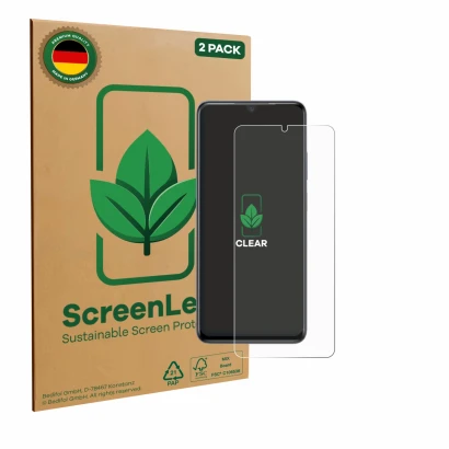 Face avant d’un emballage produit avec le logo de la marque ScreenLeaf. À côté, l’appareil ZTE Blade V70 Max est représenté av