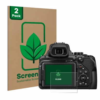 Face avant d’un emballage produit avec le logo de la marque ScreenLeaf. À côté, l’appareil Nikon Coolpix P1100 est représenté 